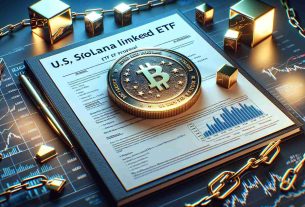 A realistic, high-definition illustration of a U.S. Solana-Linked ETF. The depicted document contains various financial graphs and analysis, symbolizing the proposal to an organization, such as a governing financial body. Emphasize the concept of blockchain and digital assets through the inclusion of symbolic elements, such as chains linking digital blocks or a shiny gold coin featuring the Solana logo. The ETF title, 'VanEck', can be prominently displayed on the document cover.