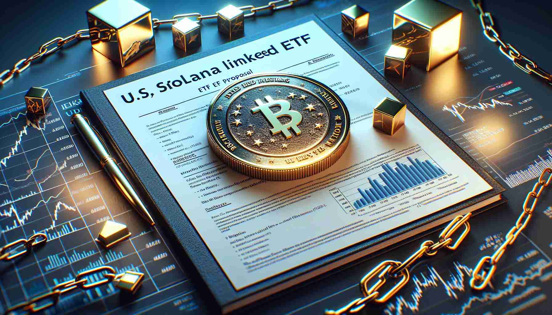 A realistic, high-definition illustration of a U.S. Solana-Linked ETF. The depicted document contains various financial graphs and analysis, symbolizing the proposal to an organization, such as a governing financial body. Emphasize the concept of blockchain and digital assets through the inclusion of symbolic elements, such as chains linking digital blocks or a shiny gold coin featuring the Solana logo. The ETF title, 'VanEck', can be prominently displayed on the document cover.