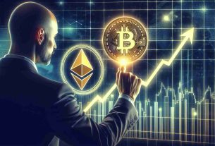 Create a high-definition, realistic illustration presenting the cryptocurrency symbols for Bitcoin and Ethereum, ascending on a growth graph, indicating remarkable expected growth by the end of the year. This forecast is predicted by the fictional character of a company CEO, representing a key figure in a financial industry.