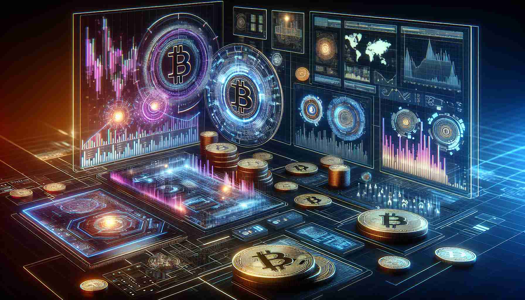 A high definition, realistic representation of the digital currency sector undergoing significant advancements. The image includes a vivid display of financial graphs, charts, and digital coins (such as bitcoin), highlighting the progressive growth. There are futuristic screens and devices that are used to symbolise advancements in technology. Depth and intricacy are part of the design to detail the complex nature of digital currencies. Please keep the picture abstract and non-specific, without representing any particular brand or currency.