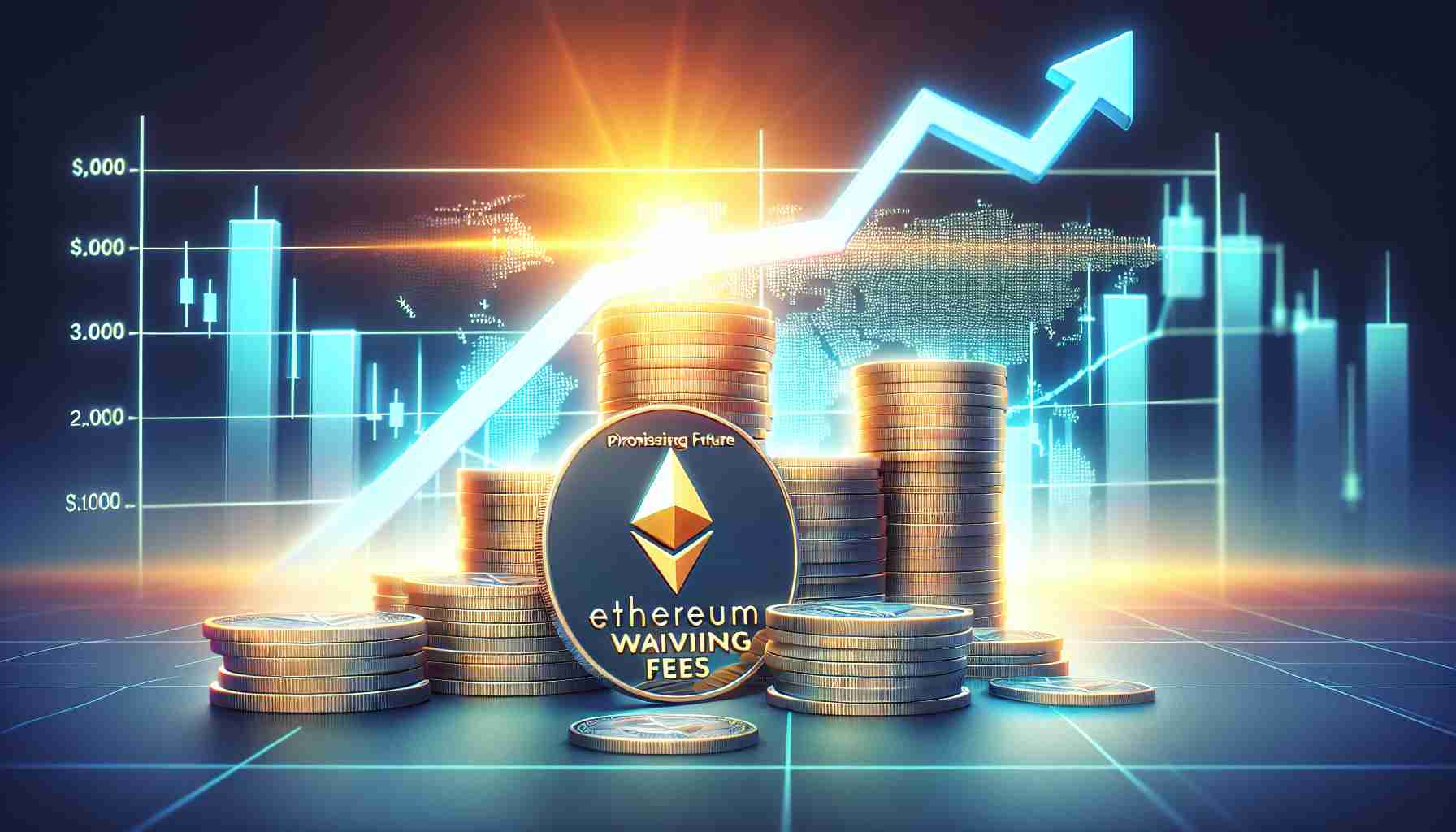 Generate a realistic high definition photo representing the promising future of Ethereum ETFs, symbolizing asset managers waiving fees. Show stacks of Ethereum coins interconnected with a downward graph line, representing reduced fees. Also, include a bright sunlight in the background to indicate the bright future.