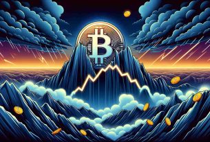 Illustrate an image that represents the concept of Bitcoin recovery after a turbulent financial market. It should be in high definition and realistic. Illustrate a steep mountain graph that indicates the price fluctuations of Bitcoin in a background of a stormy environment that reflects the market turbulence. Soon after, towards the top of the mountain, show a clear skyscape indicating that Bitcoin is rebounding slightly. Alternatively, you could depict the Bitcoin symbol inside a bouncing ball. The Bitcoin symbol is a capital 'B' with two vertical strokes through it. Remember to incorporate elements like different types of coins or a specially crafted market chart for added effect.