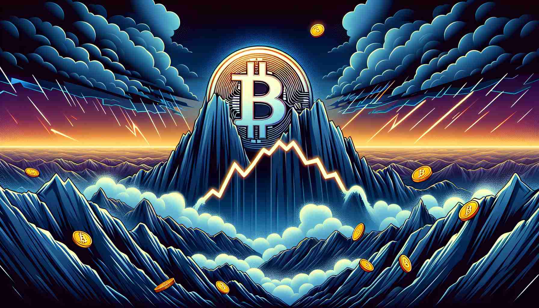 Illustrate an image that represents the concept of Bitcoin recovery after a turbulent financial market. It should be in high definition and realistic. Illustrate a steep mountain graph that indicates the price fluctuations of Bitcoin in a background of a stormy environment that reflects the market turbulence. Soon after, towards the top of the mountain, show a clear skyscape indicating that Bitcoin is rebounding slightly. Alternatively, you could depict the Bitcoin symbol inside a bouncing ball. The Bitcoin symbol is a capital 'B' with two vertical strokes through it. Remember to incorporate elements like different types of coins or a specially crafted market chart for added effect.