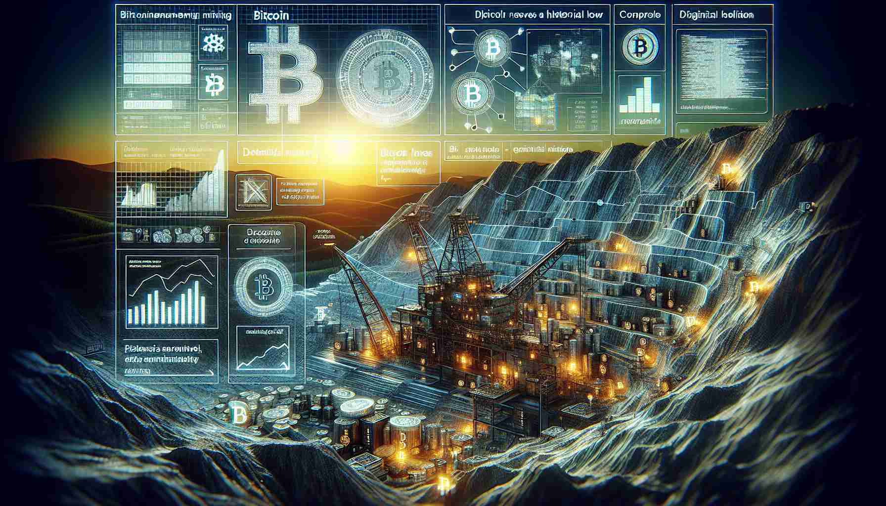 An image displaying a high definition portrayal of a metaphorical view of Bitcoin mining reserves hitting a historical low. It features a vast digital terrain resembling a mine, but instead of traditional minerals, there are distinctive symbols for Bitcoin, suggesting scarcity and a low supply. On another part of the image, relevant headlines or snippets of other notable cryptocurrency news are incorporated, creating a collage of information. The style of the image should balance both realism and digital aesthetic.