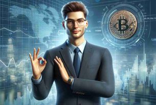 Realistic high-definition image of a business executive in a suit encouraging a broader perspective amidst a lull in the Bitcoin market. He has short hair, glasses, and a confident demeanor, standing with one hand gently rested on a Bitcoin symbol and the other gesturing to space filled with financial charts and graphs.