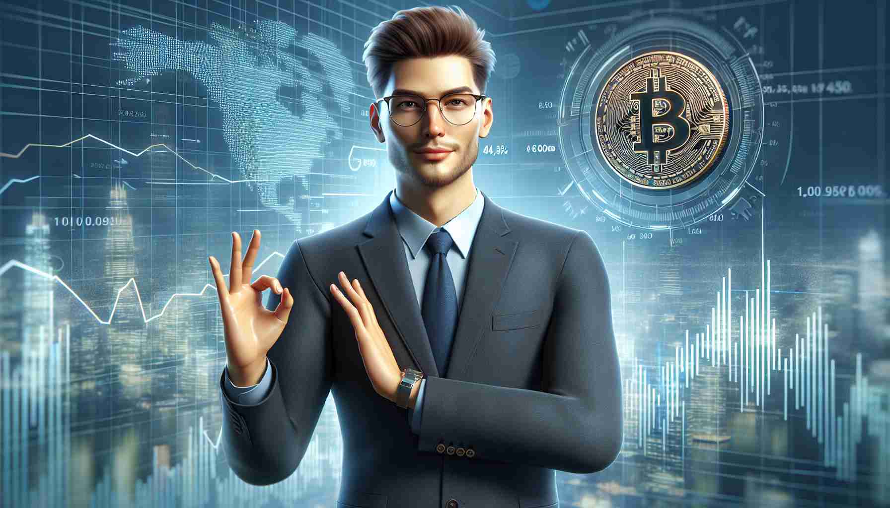 Realistic high-definition image of a business executive in a suit encouraging a broader perspective amidst a lull in the Bitcoin market. He has short hair, glasses, and a confident demeanor, standing with one hand gently rested on a Bitcoin symbol and the other gesturing to space filled with financial charts and graphs.