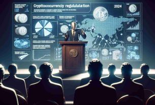 Realistic HD photo of an anonymous politician at a 2024 lecture spotlighting cryptocurrency regulation. The politician speaks passionately on a stage behind a rostrum, with a large screen behind them presenting facts and figures about digital currencies. The atmosphere is charged with the complexities of blockchain technology being discussed in detail, reflecting the future's financial landscape.