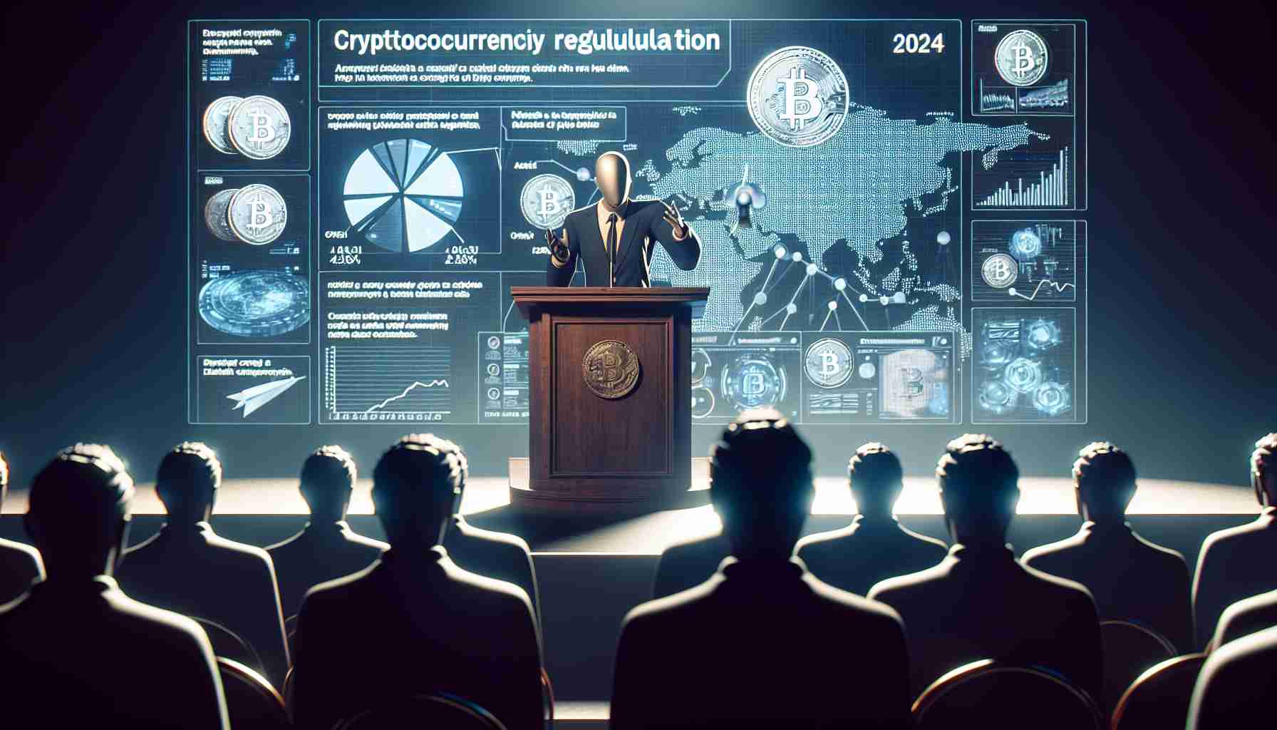 Realistic HD photo of an anonymous politician at a 2024 lecture spotlighting cryptocurrency regulation. The politician speaks passionately on a stage behind a rostrum, with a large screen behind them presenting facts and figures about digital currencies. The atmosphere is charged with the complexities of blockchain technology being discussed in detail, reflecting the future's financial landscape.