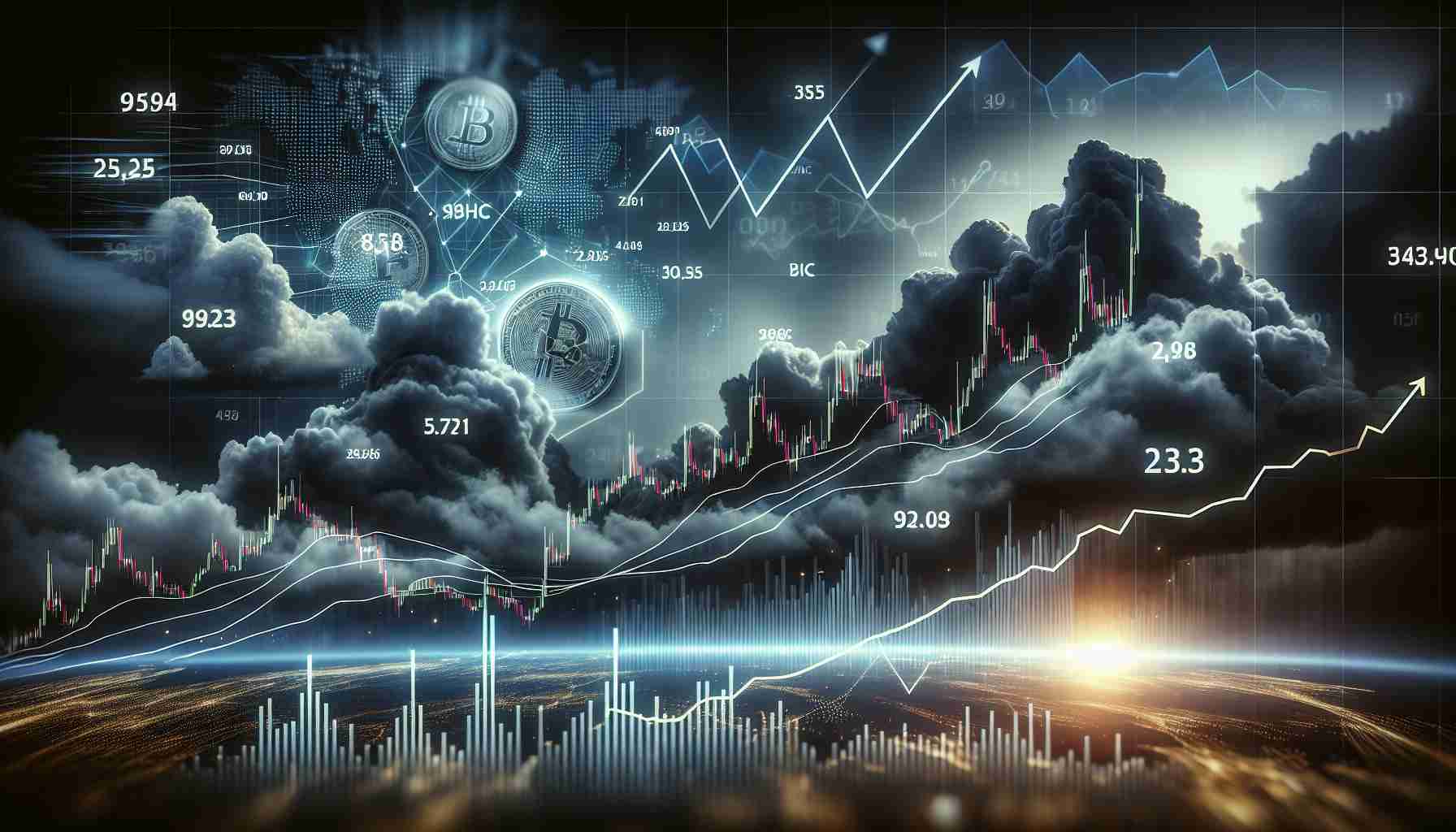 An HD photo of a price surge chart for AVAX cryptocurrency, showing a significant upward trend. The background features looming dark clouds, symbolizing the anticipation for futures approval. Various numerical indicators and trend lines are overlaid on the chart. The overall atmosphere of the image should exude a sense of suspense and excitement.