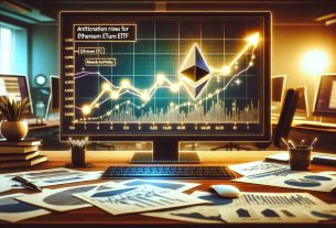 Image of a metaphorical representation of Anticipation Rises for Ethereum ETFs as Network Activity Surges. Concept visualized as a chart with a rising line, displayed on a digital screen. The line should represent network activity and its surge. Ethereum’s logo, a stylized 'Ξ', is located in the corner of the screen. The background should include an office setup with a modern desk, computer, and papers scattered around, denoting high activity. Please ensure great detail to achieve a high definition, realistic image.