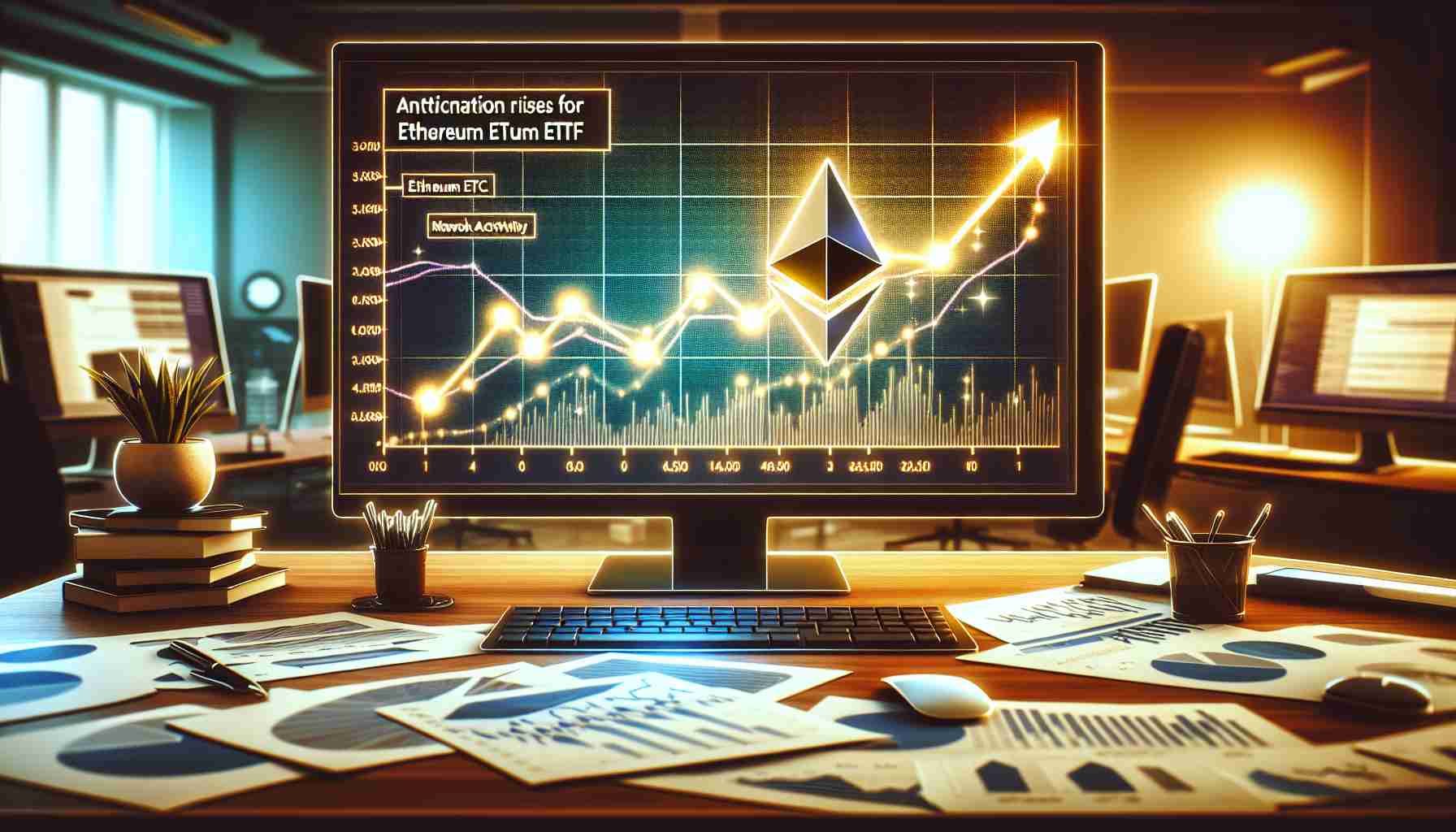 Image of a metaphorical representation of Anticipation Rises for Ethereum ETFs as Network Activity Surges. Concept visualized as a chart with a rising line, displayed on a digital screen. The line should represent network activity and its surge. Ethereum’s logo, a stylized 'Ξ', is located in the corner of the screen. The background should include an office setup with a modern desk, computer, and papers scattered around, denoting high activity. Please ensure great detail to achieve a high definition, realistic image.