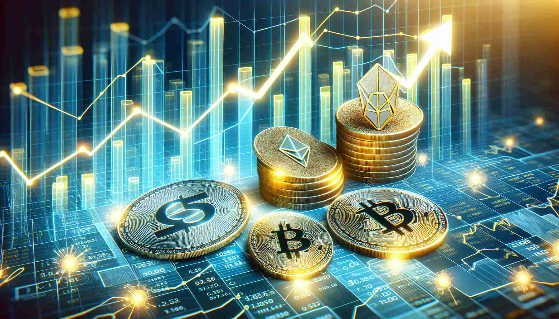 Create a high-resolution, realistic image of the concept of cryptocurrencies seeing potential for growth. Specifically, visualize the digital assets Quant and Flow symbolizing upward trends and rising value. The image could include graphs showing their price appreciation, coins embellishing with their symbols, or anything else you could think of representing growth in the digital asset space.