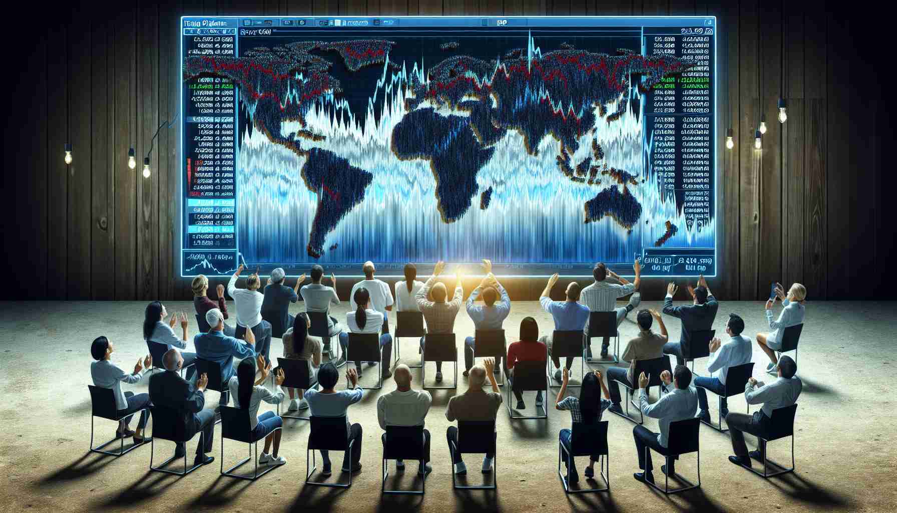 Generate a realistic, high-definition image of a diverse group of individuals, of different genders and descents like Caucasian, Hispanic and Middle-Eastern, engaged in viewing and analyzing what appears to be a trading platform glitch on a computer screen. The screen display should show the data of XRP (a cryptocurrency), with erratic and uncharacteristic spike in trading values, causing a mix of shock and fascination among the observers.