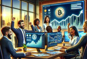 A high-definition, realistic image showing a Canadian Cryptocurrency company's decision to embrace Bitcoin as its primary reserve asset. The scene captures an office setting with a diverse team of employees - a Middle-Eastern male, a South Asian female, a Black male, and a White female - who look delighted as they watch their computer screens displaying rising Bitcoin graphs. A giant screen in the background also shows the Bitcoin logo symbolizing the company's new fiscal strategy.