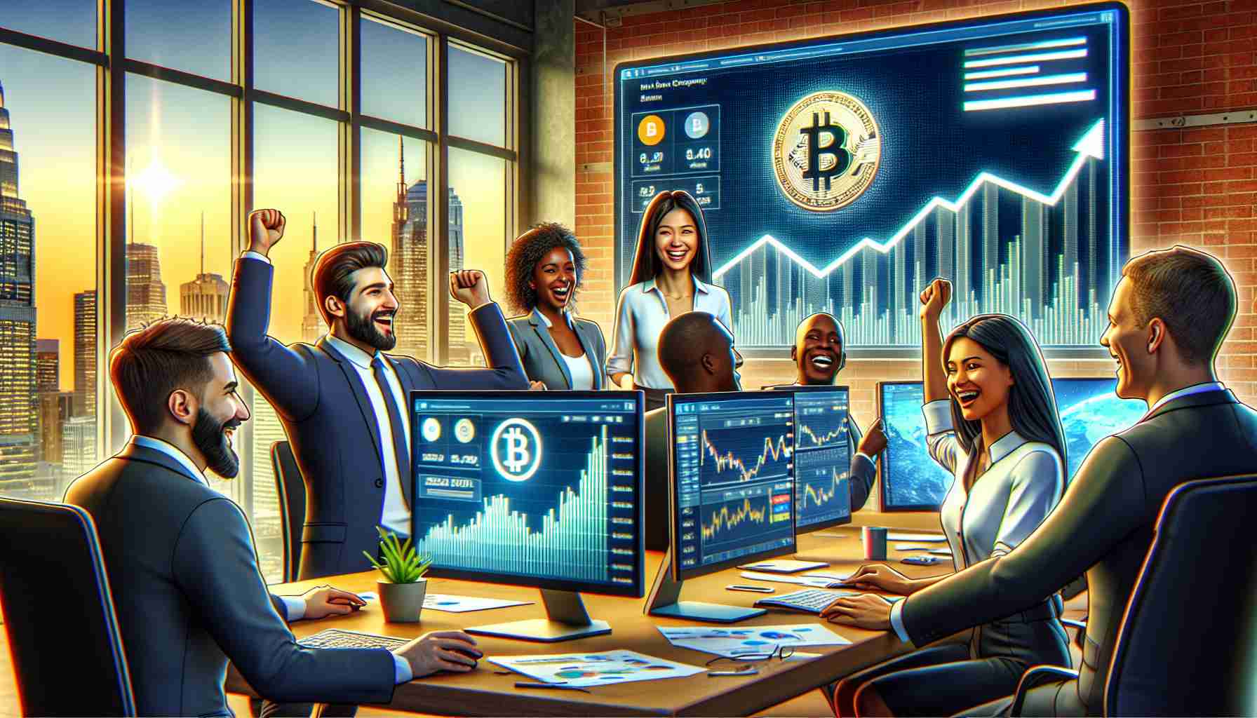 A high-definition, realistic image showing a Canadian Cryptocurrency company's decision to embrace Bitcoin as its primary reserve asset. The scene captures an office setting with a diverse team of employees - a Middle-Eastern male, a South Asian female, a Black male, and a White female - who look delighted as they watch their computer screens displaying rising Bitcoin graphs. A giant screen in the background also shows the Bitcoin logo symbolizing the company's new fiscal strategy.