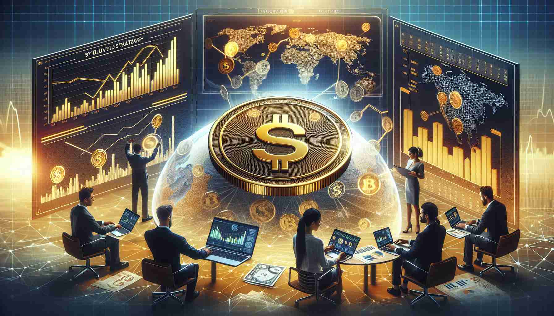 Realistic high-definition image depicting the concept of the introduction of a new form of digital currency called the 'mBASIS Token', designed to enhance yield strategy for investors. Visualize a golden coin symbolizing the mBASIS Token surrounded by financial graphs showing improvement, a laptop displaying related news, and a diverse group of investors closely studying it which includes a Caucasian woman and a Middle Eastern man.