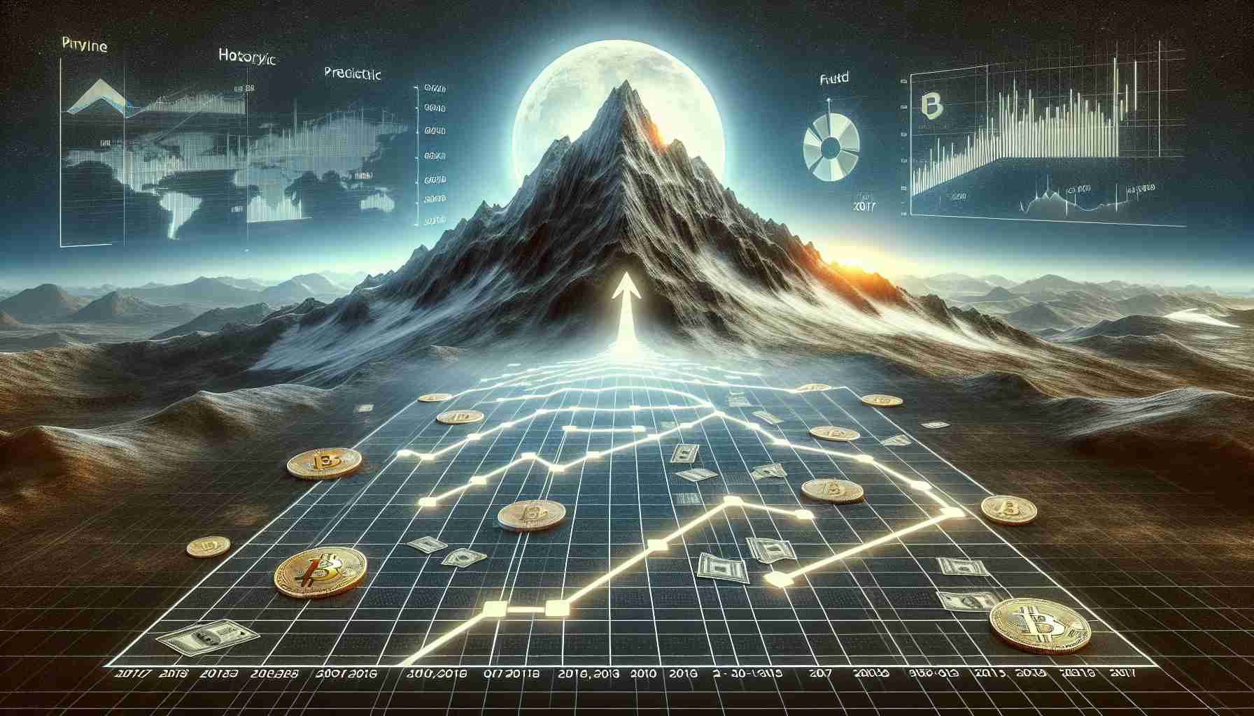 An HD realistic graphical representation illustrating the future prediction of Bitcoin's growth. The image should depict a metaphorical mountain summit representing Bitcoin's next peak with a timeline running along the path to the summit. In the foreground, marks on the timeline indicate key historical milestones and predicted future events in the Bitcoin market. Add graphs or charts related to Bitcoin's value around the mountain for additional context, but ensure that everything is clear, concise, and easy to understand.