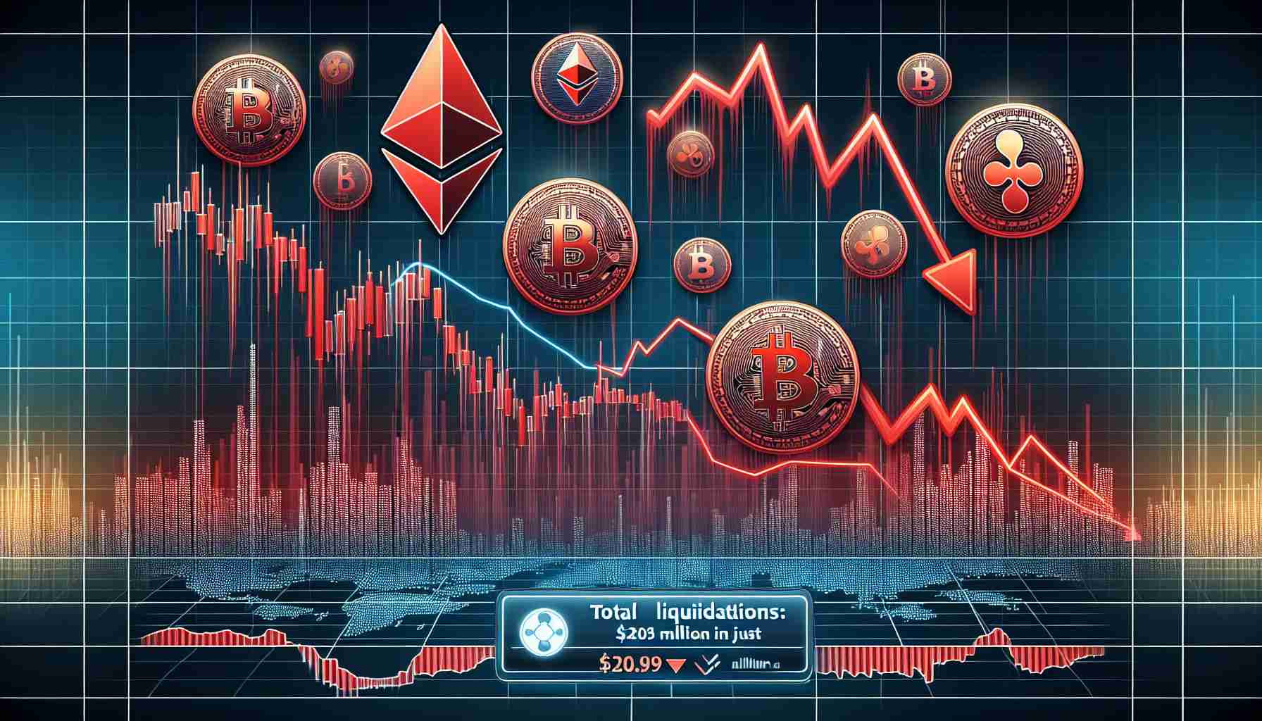 Illustrative visualization of a significant downturn in the cryptocurrency markets; symbols for multiple cryptocurrencies such as Bitcoin, Ethereum, and Ripple are in the red. Charts show steep, downward trends. A ticker or news banner running at the bottom reads - Total Liquidations: $207 Million in just 24 hours. The depiction emphasizes a sense of chaos and urgency similar to traditional stock market crashes.