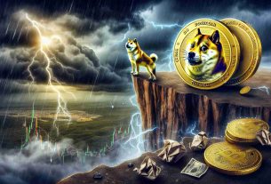 Create a detailed and realistic high definition image showing a symbolic representation of Dogecoin approaching a critical threshold under gloomy market conditions. The Dogecoin can be visually depicted as a golden coin with a Shiba Inu dog face embossed on it. Showcase it near the edge of a steep cliff to signify the critical threshold aspect. Further, to convey the market pessimism, paint a stormy sky with dark clouds and raindrops in the background along with dramatic lightning. Scatter some crumpled paper notes and broken charts around the scene to suggest economic turmoil.