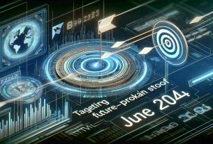 An ultra high-definition, realistic image portraying the concept of 'Targeting Future-Proof Blockchain Stocks for June 2024'. The image might feature abstract symbols like targets and arrows, representing 'targeting', futuristic elements to depict the 'future-proof' concept, and logos, charts or graphs to symbolize 'blockchain stocks'. It should have a futuristic, digital aesthetic, with an underlying theme of finance and technology. The date 'June 2024' should be prominently highlighted, perhaps on a digital billboard or ticker tape.