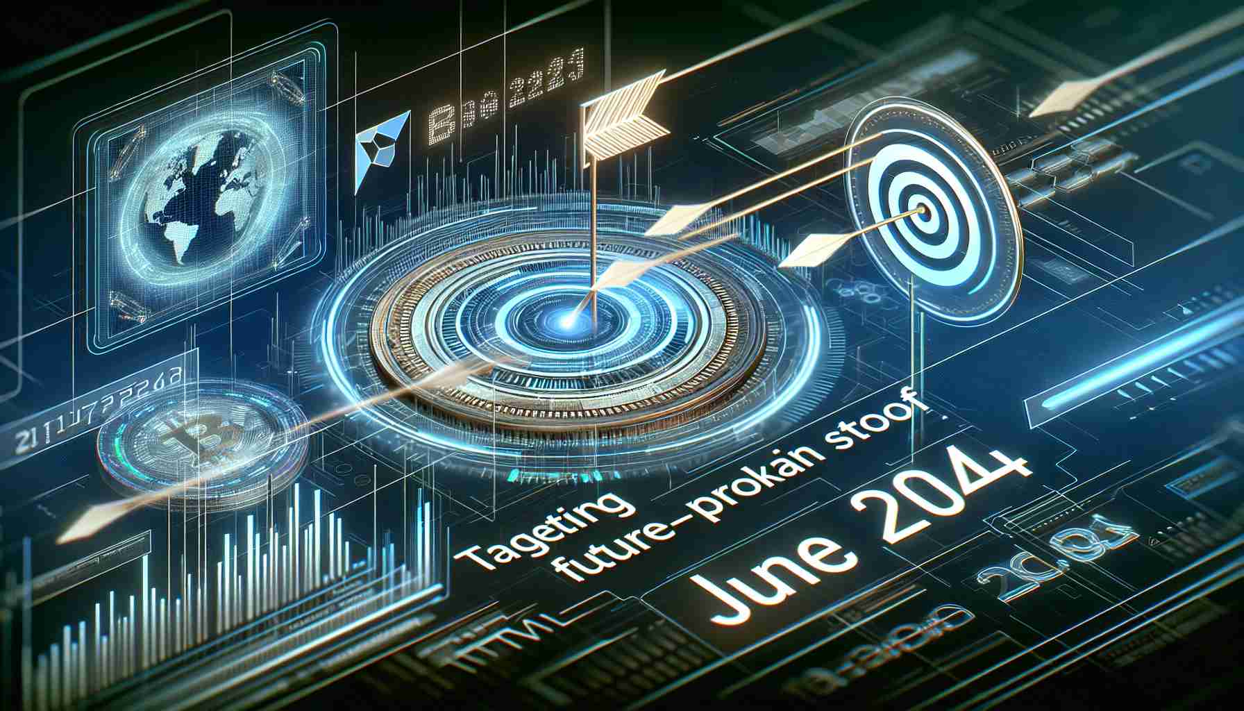 An ultra high-definition, realistic image portraying the concept of 'Targeting Future-Proof Blockchain Stocks for June 2024'. The image might feature abstract symbols like targets and arrows, representing 'targeting', futuristic elements to depict the 'future-proof' concept, and logos, charts or graphs to symbolize 'blockchain stocks'. It should have a futuristic, digital aesthetic, with an underlying theme of finance and technology. The date 'June 2024' should be prominently highlighted, perhaps on a digital billboard or ticker tape.