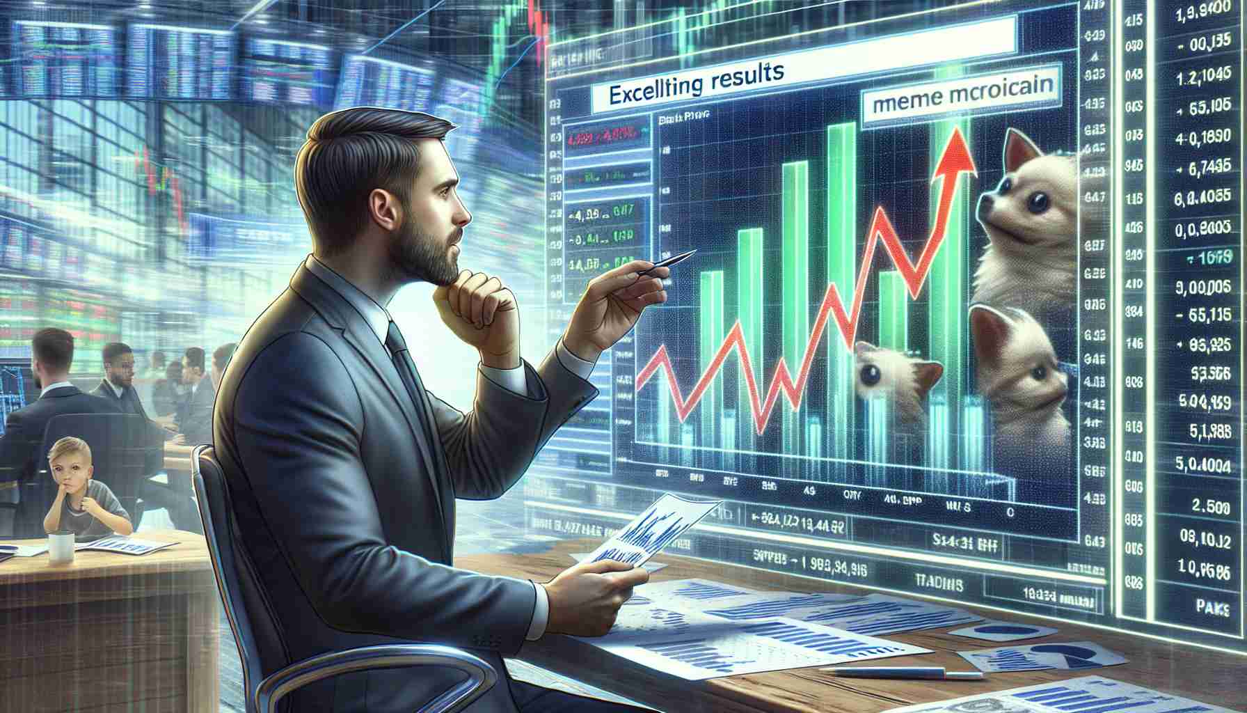 Realistic high-definition image of a fictitious stock market scenario: a character named Brett, presenting excellent results in a market dominated by meme-based digital currencies. Brett is shown in the foreground, meticulously analysing charts and graphs which reflect a positive uptrend. The backdrop is filled with the hustle and bustle of a dynamic trading floor.