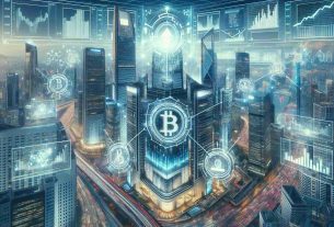 A detailed image that signifies the rapid advancement and explosive growth of the global financial sector integrated with blockchain technology. The scene could include a futuristic cityscape with towering skyscrapers displaying digital screens of the blockchain symbol and financial graphs with upward trajectories. Scenes of bustling trading floors and technologically advanced financial centers can be intertwined with visualizations of technology, such as intelligent robots, drones, and holographic projections. Note that the image should be realistic and have the quality of a high-definition photo.