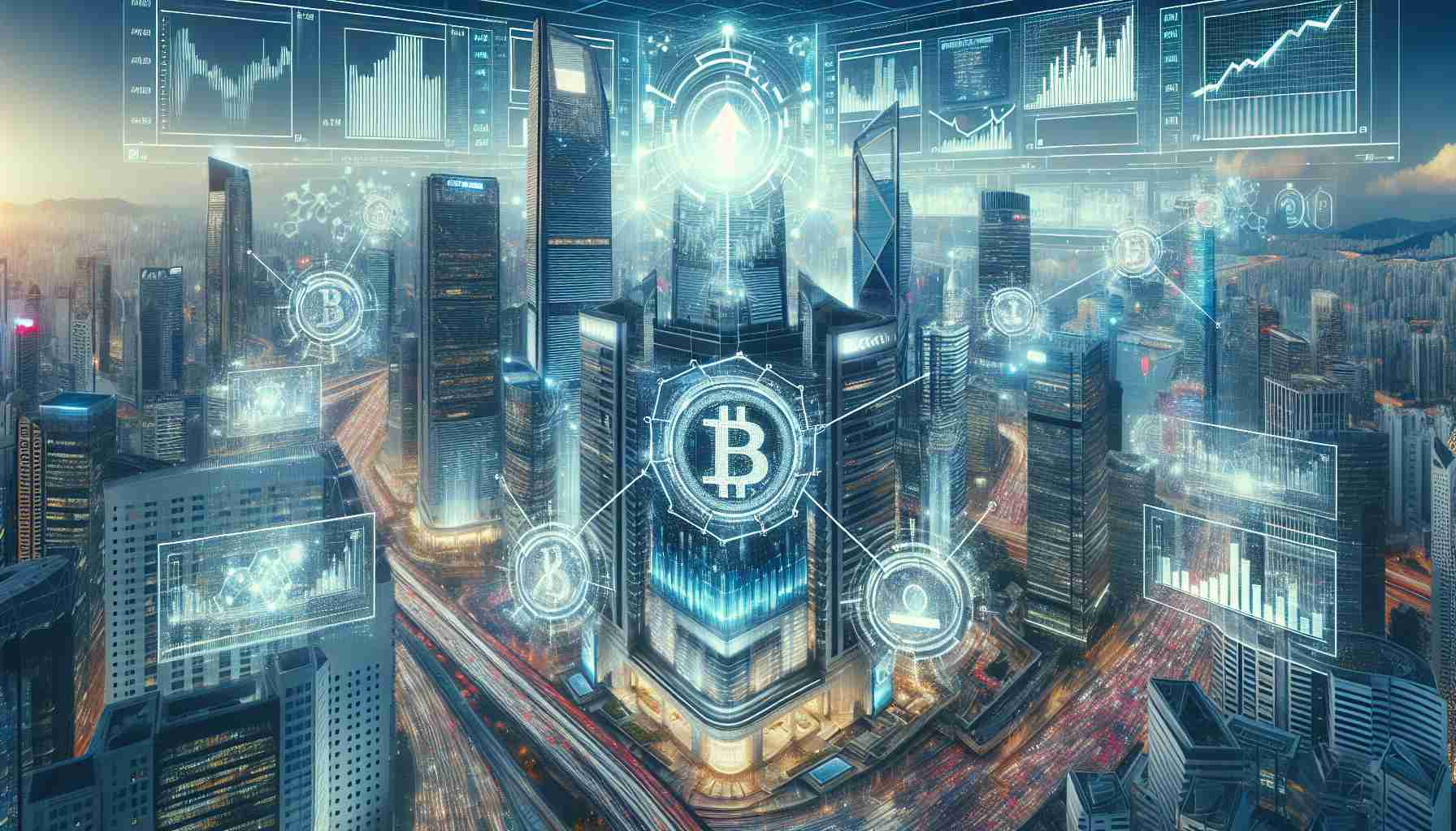 A detailed image that signifies the rapid advancement and explosive growth of the global financial sector integrated with blockchain technology. The scene could include a futuristic cityscape with towering skyscrapers displaying digital screens of the blockchain symbol and financial graphs with upward trajectories. Scenes of bustling trading floors and technologically advanced financial centers can be intertwined with visualizations of technology, such as intelligent robots, drones, and holographic projections. Note that the image should be realistic and have the quality of a high-definition photo.