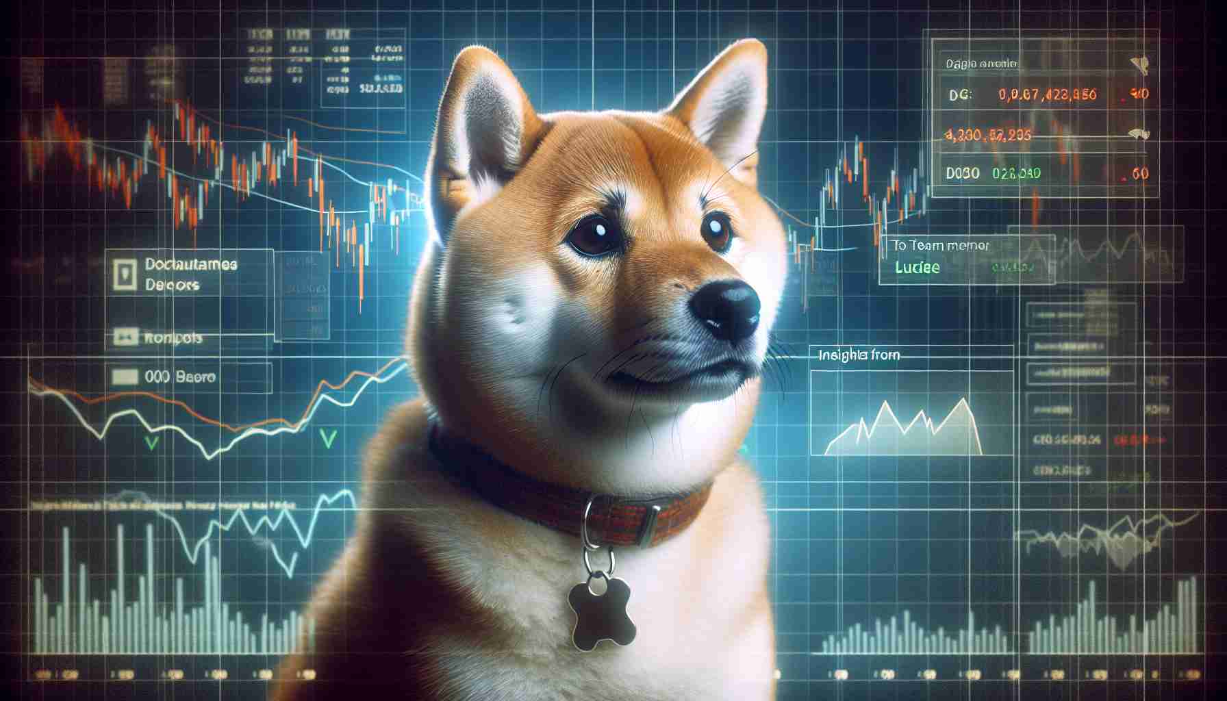 Generate a realistic, high definition image of a Shiba Inu dog appearing concerned or troubled, perhaps as if it is facing market turmoil. In the background, show some vague elements that represent finance or trading, such as charts or graphs. Include a digital tag or label next to the dog with the text: 'Insights from Team Member Lucie'. No specific individual should be represented.