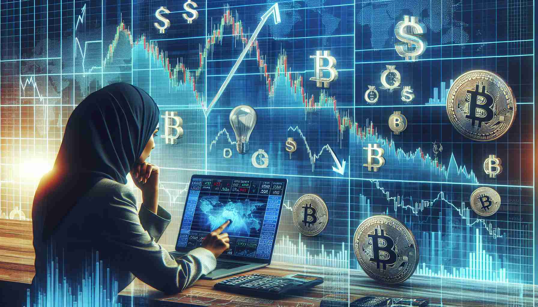 Generate a high-resolution, photorealistic image representing the concept of an analyst warning about a potential decline in Bitcoin price due to hedge fund activity. Show a graph with a downward trend line on a digital screen, stocks and cryptocurrencies symbols on the other side, and an individual studying the data and expressing concern. The individual should be a Middle-Eastern woman, wearing professional attire. Also depict symbols of hedge funds, like plush offices with modern decor.