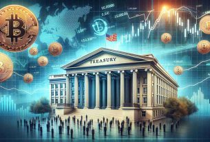 Realistic high-definition image depicting the concept of the U.S. Treasury raising concerns over risks associated with cryptocurrency. The image should include the visual representation of the Treasury building, and symbolic images related to cryptocurrency like Bitcoin symbol, graphs showing volatility, etc. Remember not to depict any real people or identifiable figures in this image, as the focus should be solely on the concept of the concern itself.