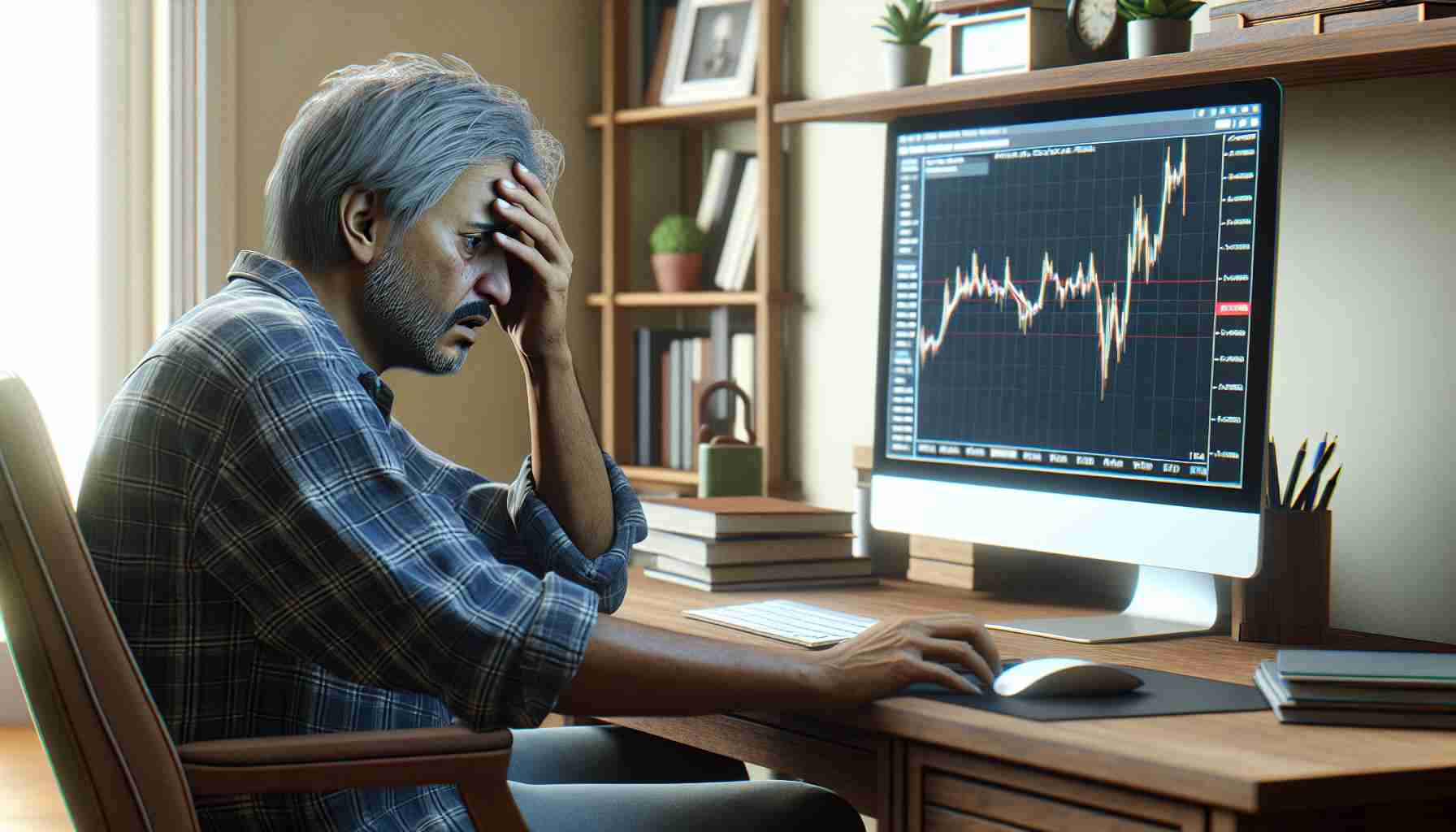 Render an HD image capturing a realistic scenario in which an individual from Tennessee falls victim to a cryptocurrency scam during a time of vulnerability. Picture a middle-aged South Asian man sitting at his home desktop computer, showing visible distress on his face. The computer screen displays a graph indicating a drastic drop in cryptocurrency value. Surroundings should reflect an average southern US home setting.