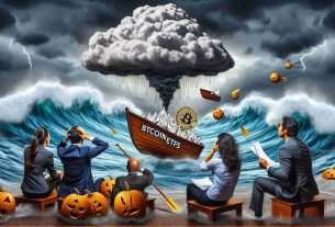 A detailed photograph illustrating the metaphorical concept of shaken investor sentiment in the face of significant withdrawals from Bitcoin ETFs. Depict a stormy financial market with tumultuous ocean waves, representing the volatility of cryptocurrency as investment paper boats labeled 'Bitcoin ETFs' are shown being swept away by the current. Bonus if a thundercloud in the shape of a Bitcoin symbol can be incorporated overhead, driving the turmoil underneath. Furthermore, include worried investors in diverse gender and descents, such as an Hispanic female and a Middle-Eastern male, observing the scene, showcasing their expressions of concern and dismay.