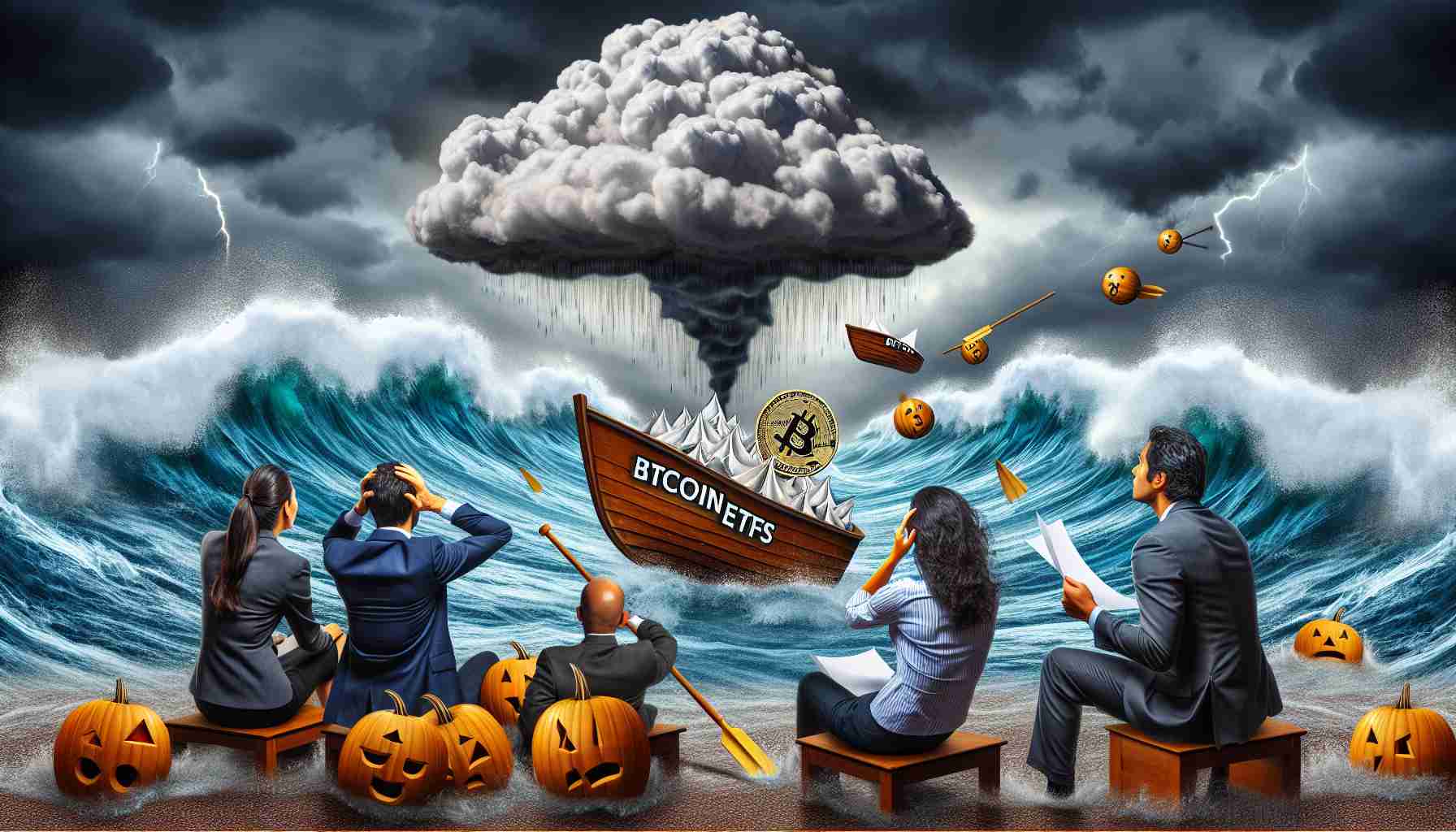 A detailed photograph illustrating the metaphorical concept of shaken investor sentiment in the face of significant withdrawals from Bitcoin ETFs. Depict a stormy financial market with tumultuous ocean waves, representing the volatility of cryptocurrency as investment paper boats labeled 'Bitcoin ETFs' are shown being swept away by the current. Bonus if a thundercloud in the shape of a Bitcoin symbol can be incorporated overhead, driving the turmoil underneath. Furthermore, include worried investors in diverse gender and descents, such as an Hispanic female and a Middle-Eastern male, observing the scene, showcasing their expressions of concern and dismay.