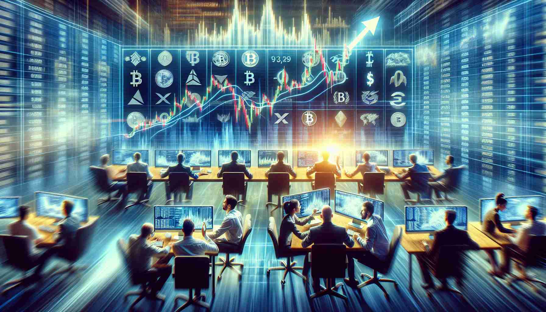 Generate a high-definition, realistic image depicting the remarkable momentum in cryptocurrency investment. The scene could feature a fast-paced trading environment with a large screen showing various cryptos skyrocketing in value. The dealers could be individuals from various genders and descents such as Caucasian, Hispanic, and Middle-Eastern, all engrossed in their computer screens and making trades. Please make sure it showcases intense excitement and anticipation because of the dynamic crypto market.