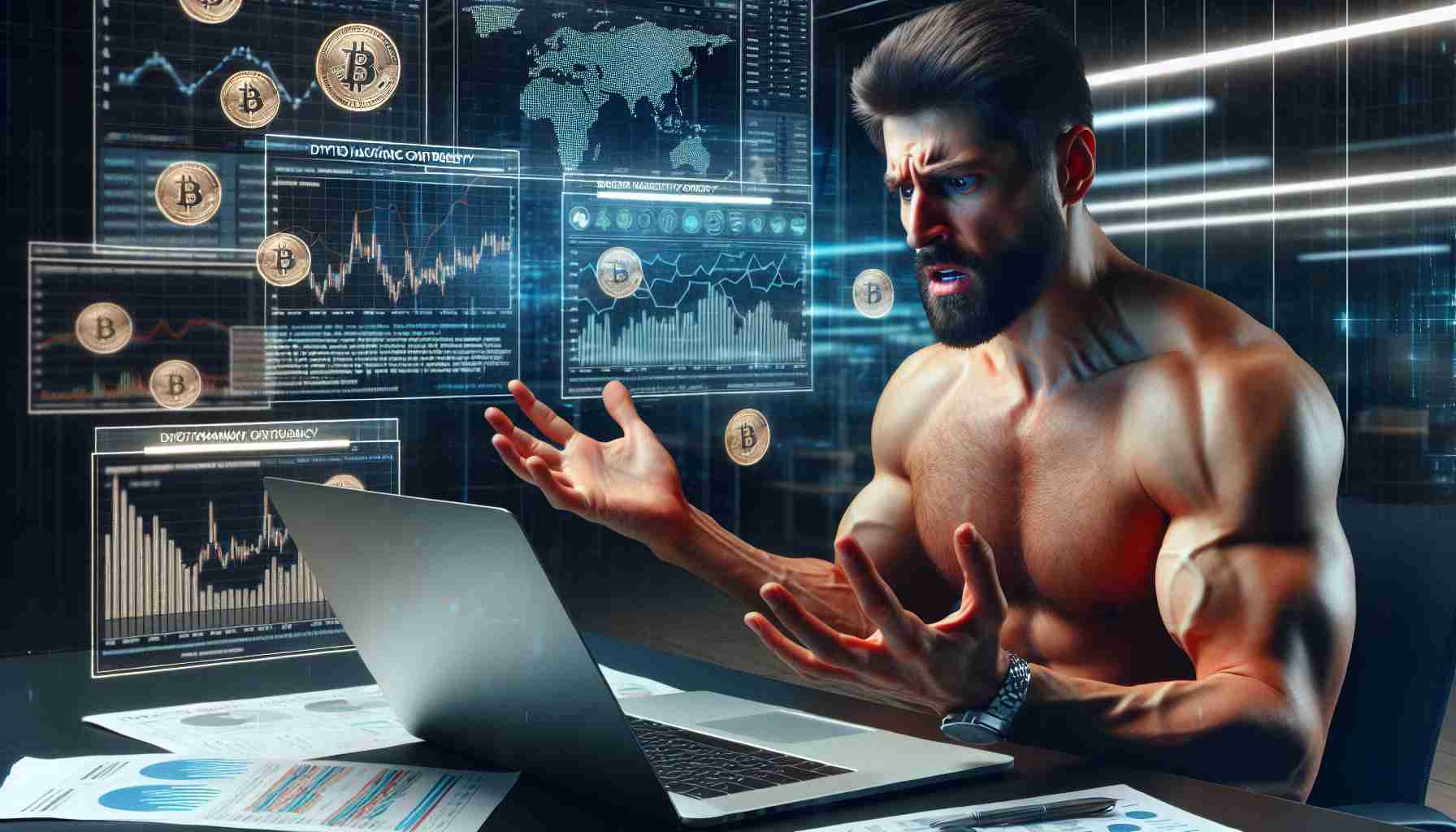 Image of a muscular man involved in a cryptocurrency controversy, appearing frustrated and surprised as he investigates a digital hacking incident on his laptop. The setting is a modern, high-tech office environment, filled with screens displaying various crypto charts. An overlay of news headlines hints towards the sudden exploit of his digital assets.