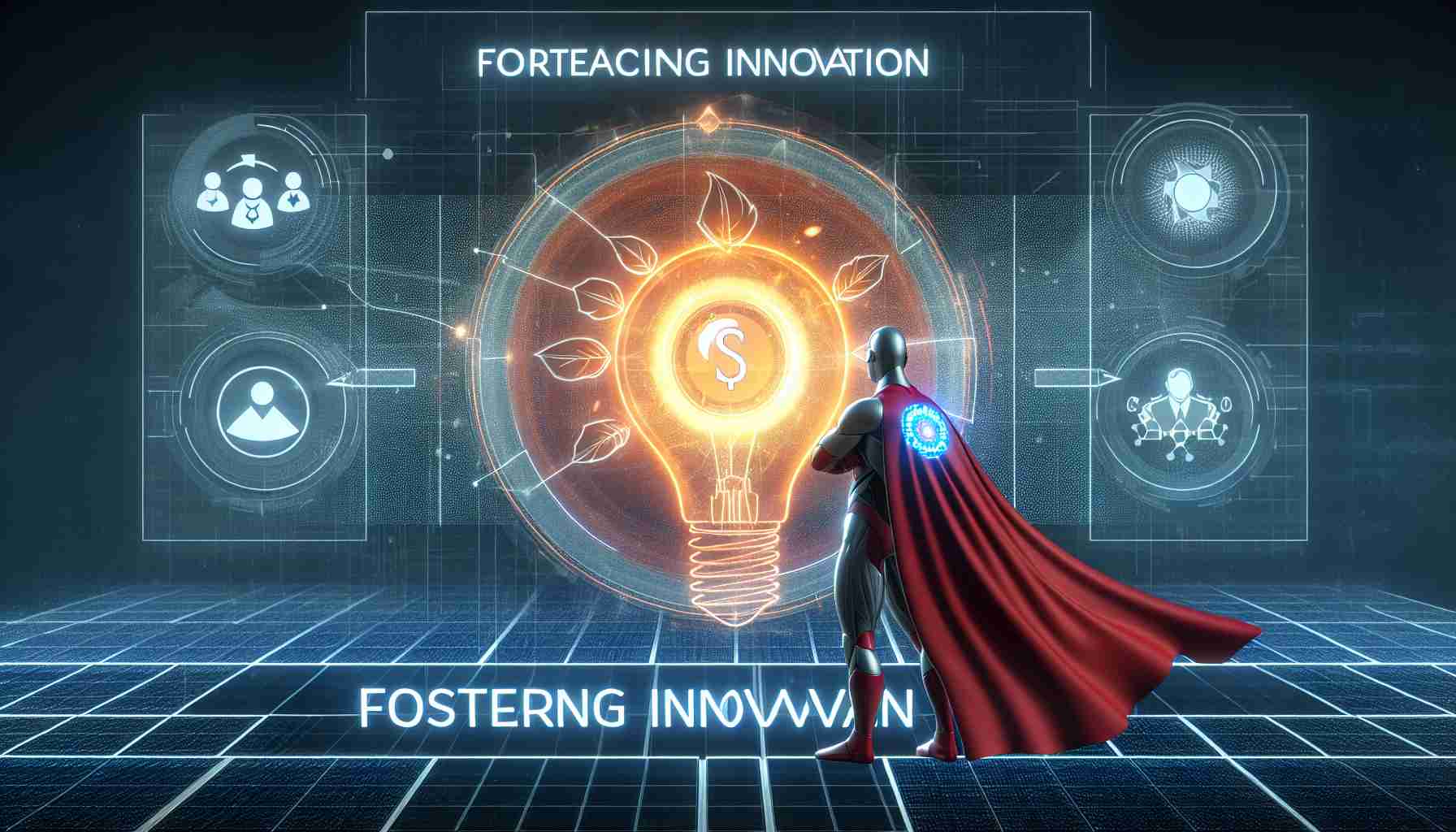 A high-definition realistic digital image illustrating the concept of Fostering Innovation. The main focus is on Solana being at the forefront. Include an imagery representation of a wide-reaching initiative being led by a hypothetical team decorated with superhero insignia, but devoid of any singular person or entity. The representation should evoke a sense of cutting-edge technology, commitment to progress, and collaborative effort.