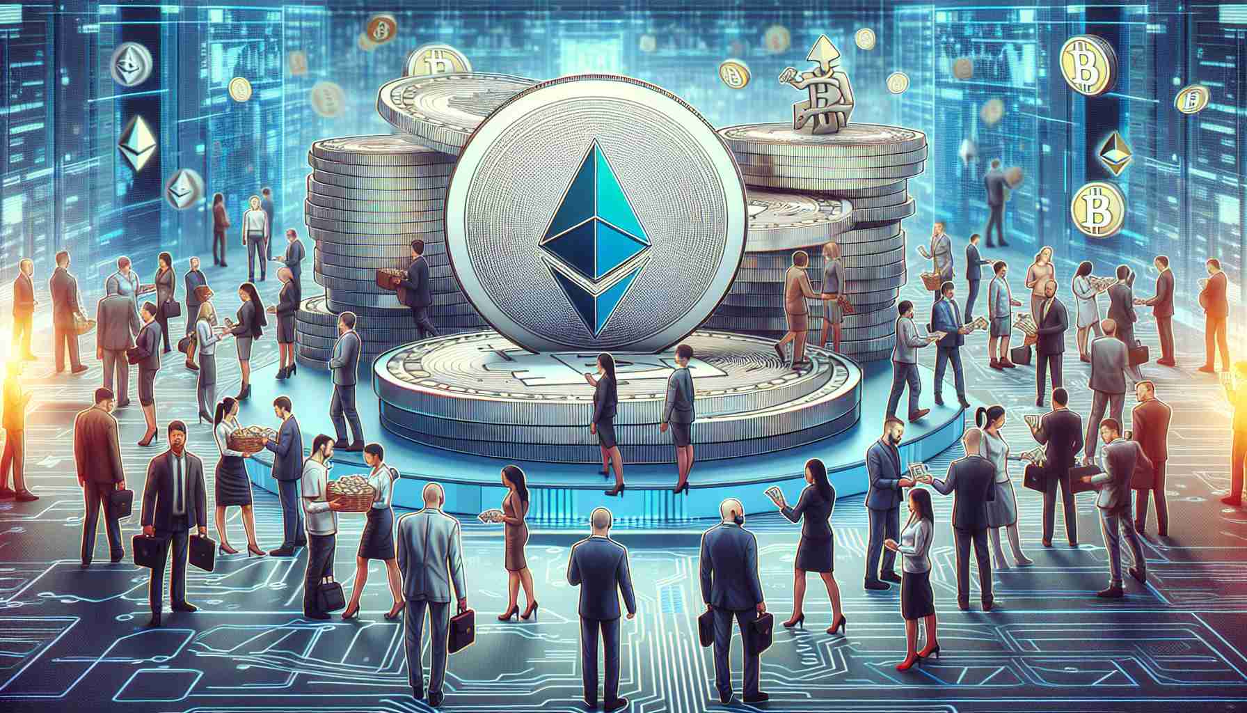 Generate a high-definition, realistic scene depicting a diverse array of individuals engaged in the act of investing in Ethereum, which is represented as an abstract concept rather than a physical currency or object. Simultaneously, a separate group of individuals of various descents can be seen cashing out their Bitcoin investments, again represented abstractly. The setting can be a modern, digital-themed environment to reflect the nature of cryptocurrency investing.