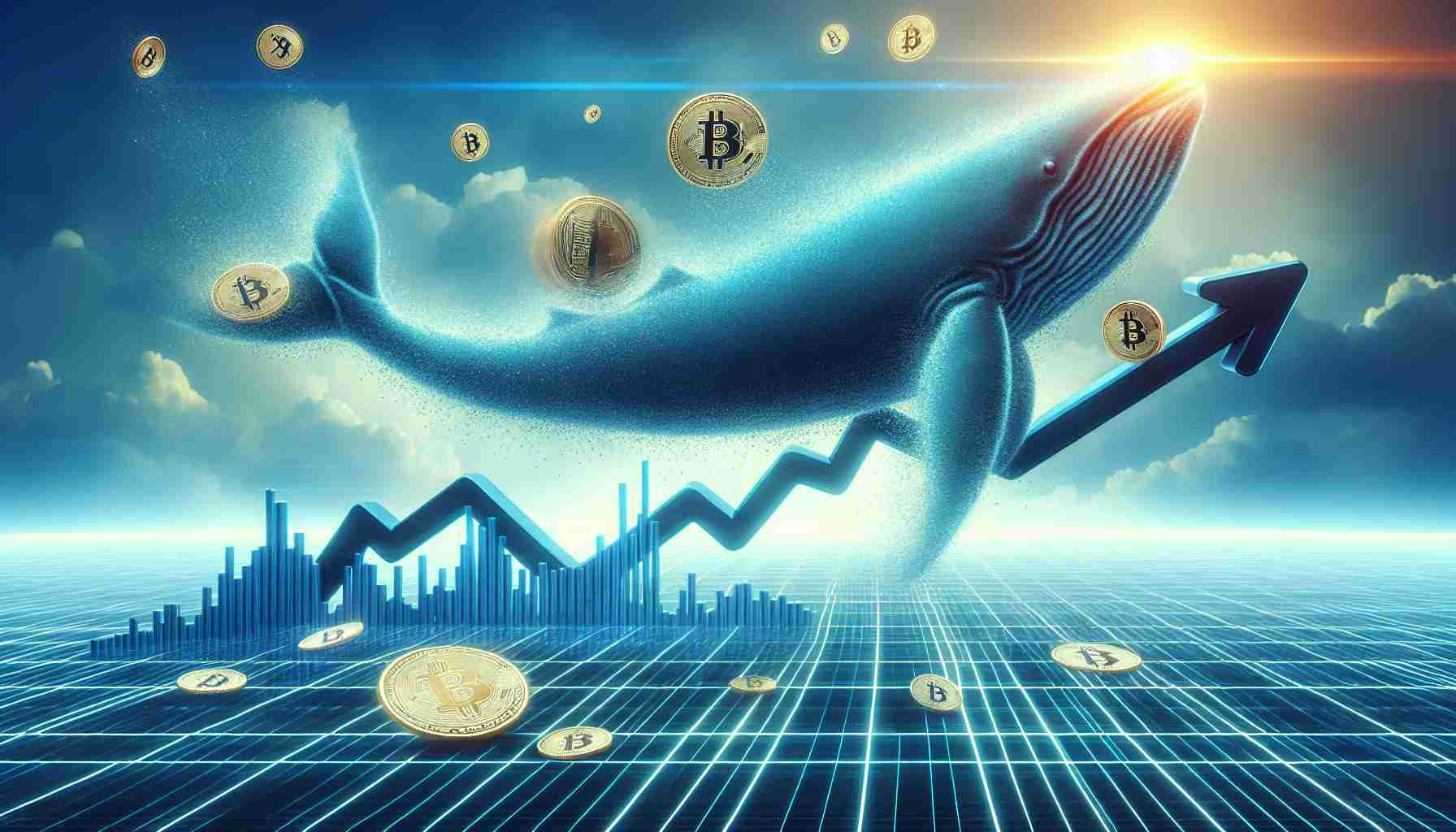 Generate a high-definition, realistic image illustrating the concept of growing optimism in the Bitcoin market. The image should encompass an abstract representation of a whale making large purchases, possibly visualized as a giant sea creature investing in symbolic bitcoins. The atmosphere should convey a sense of positive prediction, such as a rising graph or trajectory pointing towards a 100K mark.