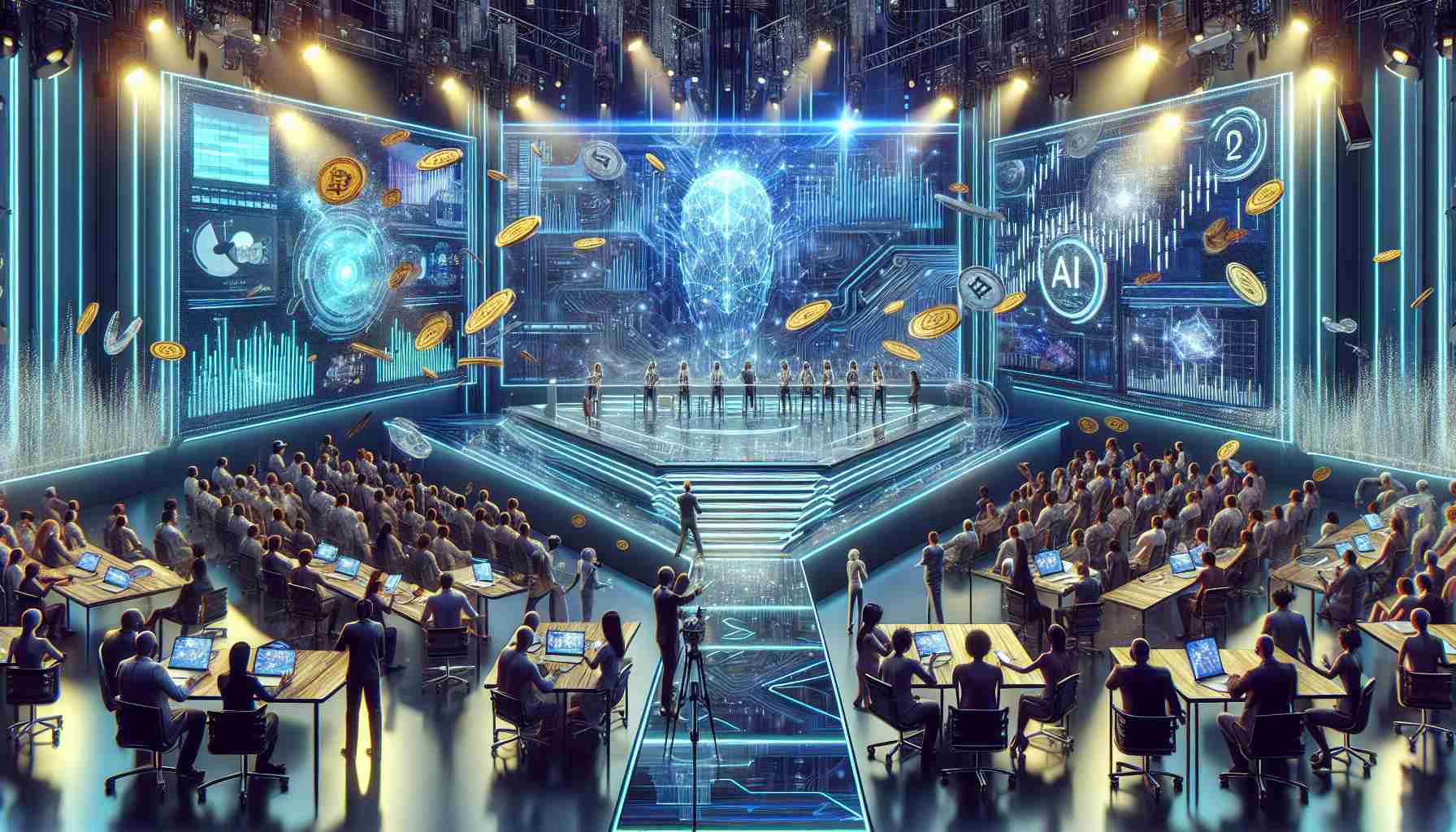 A highly detailed depiction of an electronic company's recent event, which is causing ripples in the futuristic AI cryptocurrency market. The setting is an ultra-modern stage with cutting-edge technology, featuring large screens displaying charts and graphs related to artificial intelligence and cryptocurrency trends. In the foreground, people from diverse racial backgrounds and both genders are engaged in intense discussions, reacting to the breakthrough announcement. Spotlights illuminate the scene, while shards of virtual coins and AI symbols metaphorically 'fall' through the air, embodying the shockwaves caused.