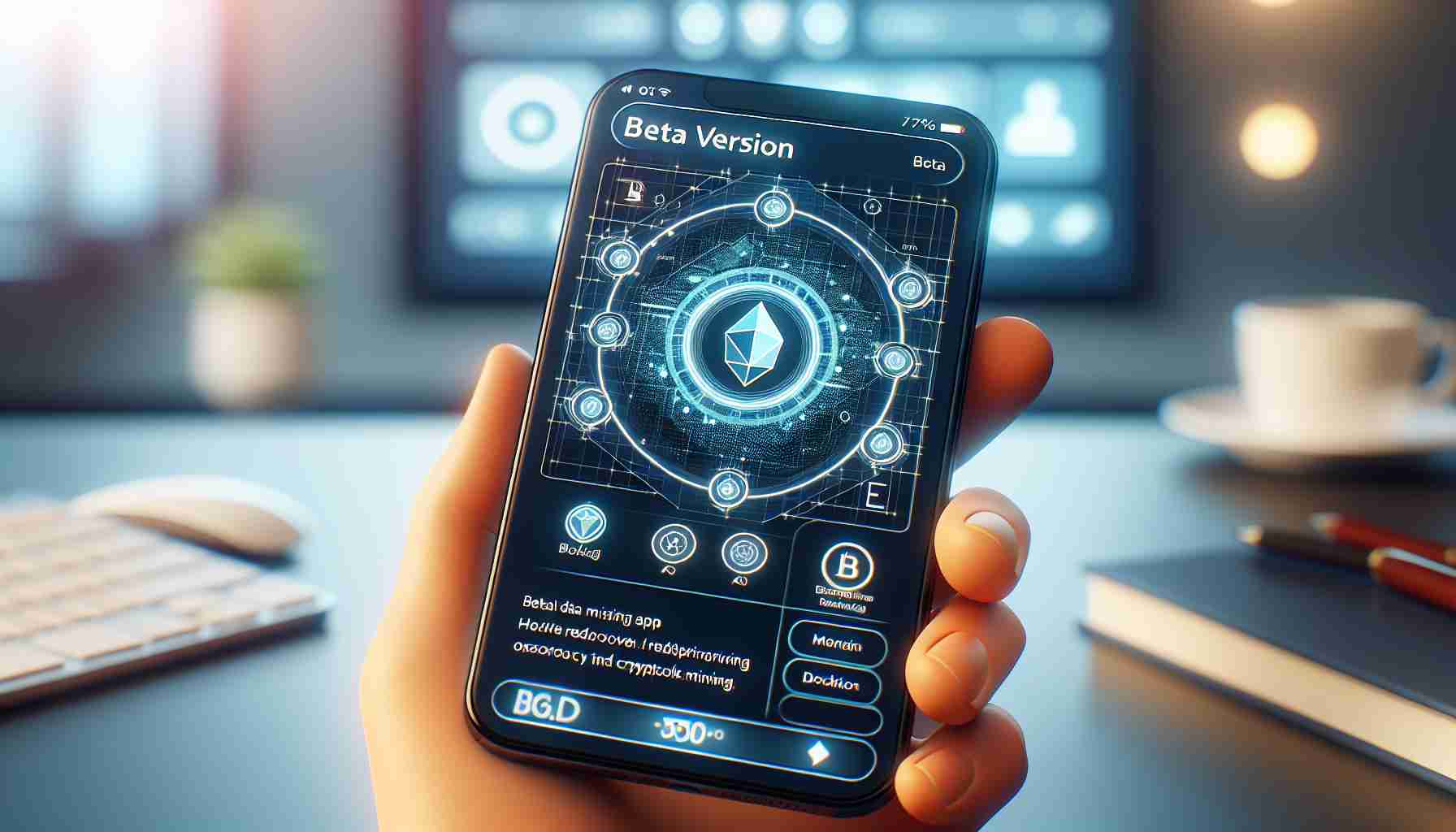 A high-definition, realistic image of an innovative Beta version app related to BlockDAG technology designed to improve the user's experience in cryptocurrency mining. This application should be featured prominently, displaying a modern and user-friendly interface, illustrating its functionality, features and potential benefits for users in the cryptocurrency mining industry. Please show it on a digital device's screen, emphasizing the engaging and intuitive user interface.