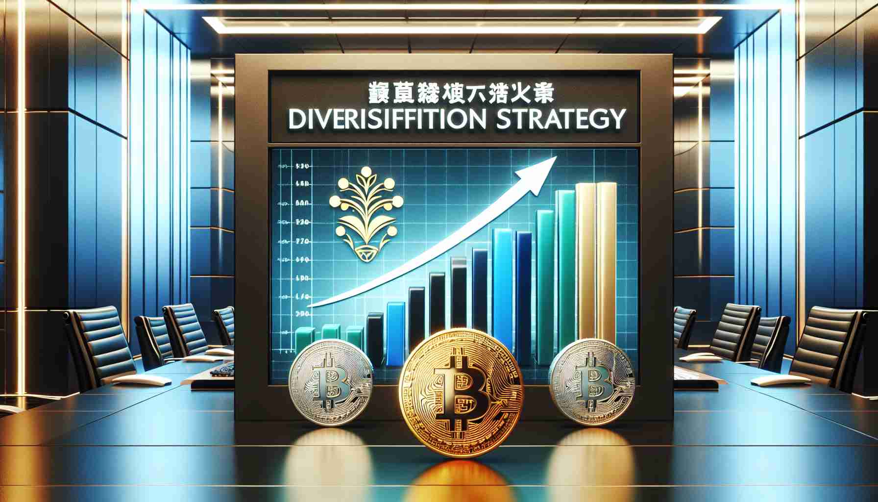 A high-definition realistic image showcasing a Japanese investment firm indicating its diversification strategy. The image consists of a prominent display of a rising graph chart symbolizing increased investment stake, paired with Bitcoin logos interleaved, representing the firm's significant investment in Bitcoin. The logo of the firm, not realistic but a symbolic Japanese crest, is also present. The setting is a polished office environment with modern Japanese aesthetics.