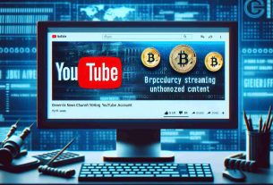 Create a realistic high-definition image of a generic news channel's YouTube account, represented as a computer screen with the YouTube interface visible. Show signs of a breach, such as streaming unauthorized content. Specifically, depict cryptocurrency-themed content on the streaming page, indicating the compromise.