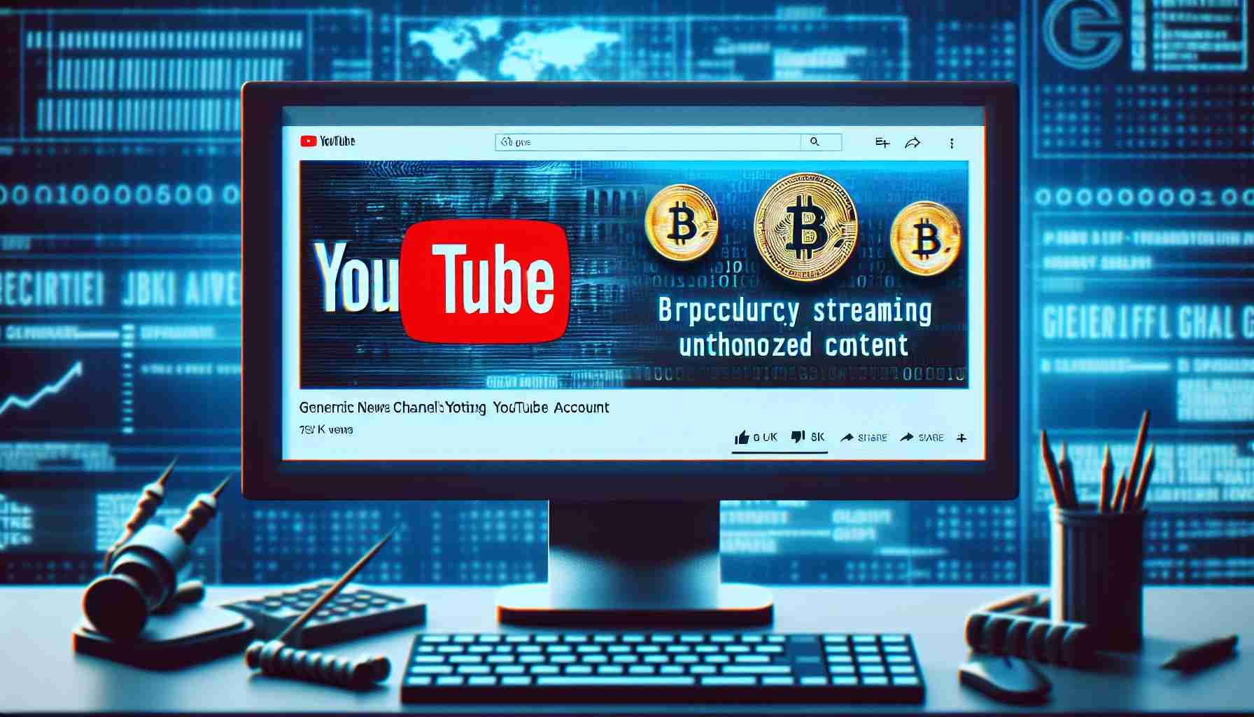 Create a realistic high-definition image of a generic news channel's YouTube account, represented as a computer screen with the YouTube interface visible. Show signs of a breach, such as streaming unauthorized content. Specifically, depict cryptocurrency-themed content on the streaming page, indicating the compromise.