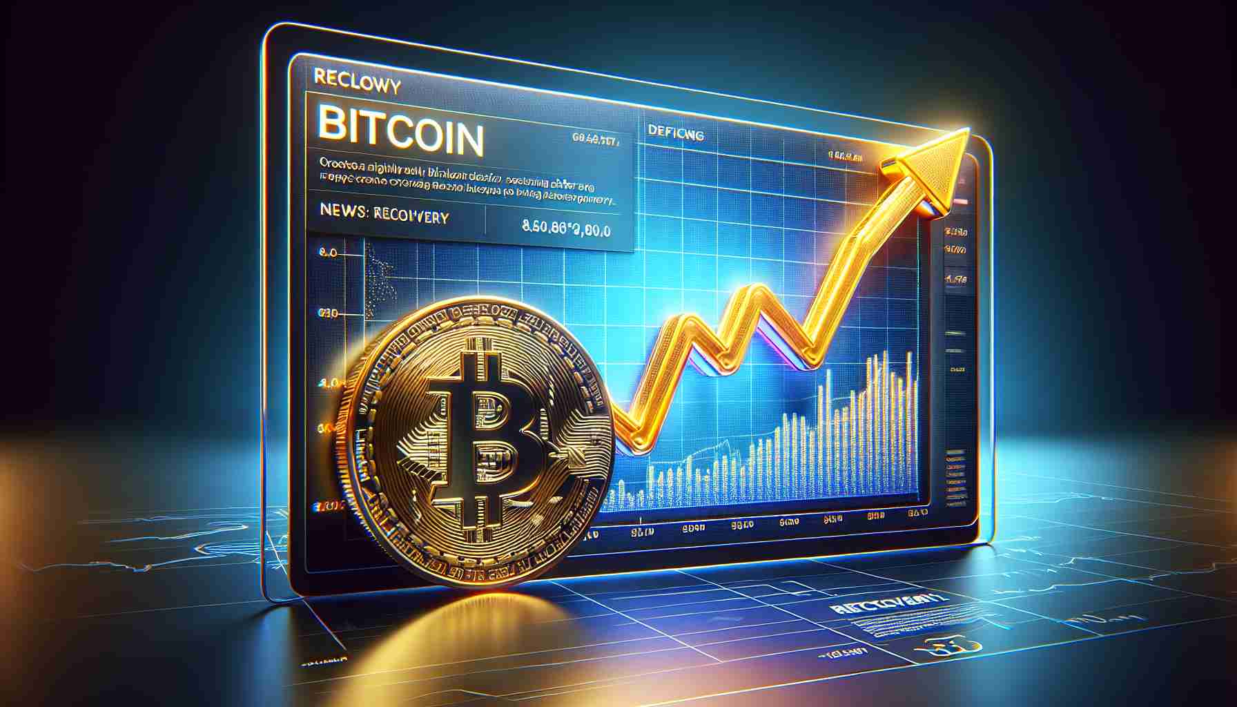 Create a high-definition, realistic image representing the concept of Bitcoin recovering after a recent price plunge. Show this conceptually, with a vibrant line graph on a digital display. The line graph should display a sharp downturn followed by a steep rise, indicating the recovery. On the other side of the image display a glossy, gold Bitcoin sign. Alongside the Bitcoin sign, show news headlines implying the recovery of the Bitcoin value. The overall image should convey a sense of optimism and resilience towards the digital currency.