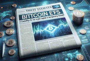 Image of a realistic high-definition newspaper article with the headline 'Bitcoin ETFs: A Catalyst for Crypto Capital or a Temporary Boost?' The image should depict the article with blockchain and cryptocurrency themed graphics in the background.