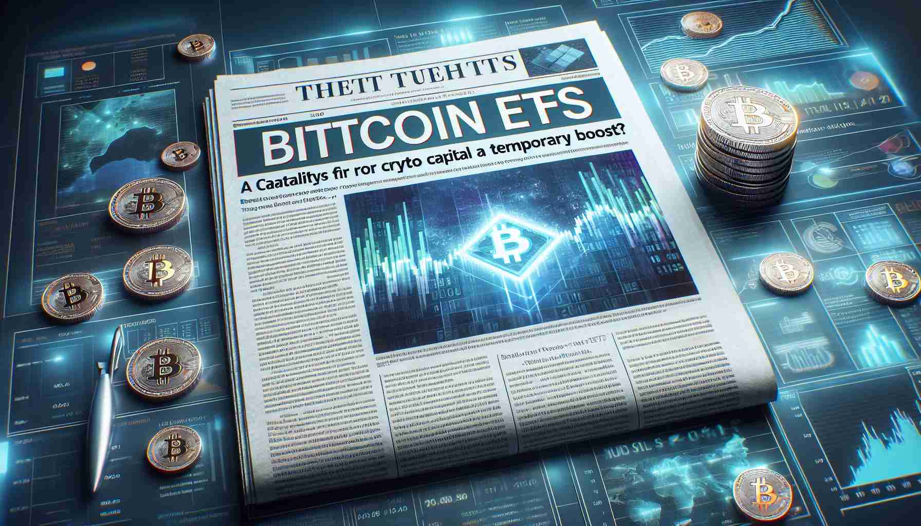 Image of a realistic high-definition newspaper article with the headline 'Bitcoin ETFs: A Catalyst for Crypto Capital or a Temporary Boost?' The image should depict the article with blockchain and cryptocurrency themed graphics in the background.