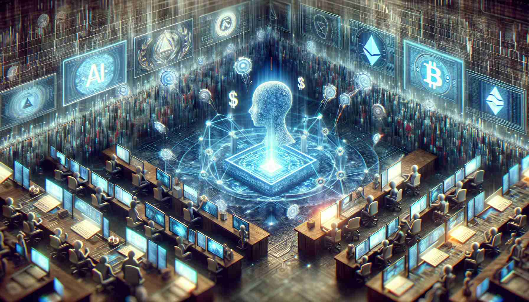 Realistic high-definition image of an illustrative interpretation of a new AI-Powered Trading Game being introduced by a decentralized exchange platform, placed on the Arbitrum network. The image should show a digitized, futuristic setting with advanced AI elements, digital currencies flowing around, and players engaging in the game. The context should reflect the concept of a trading game, smart contracts, and the Arbitrum network's framework.