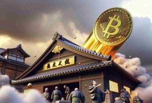 Render a realistic high-definition scene. In the foreground, there's a traditional Japanese bank, reminiscent of the Edo period, facing hardships, symbolized by a fallen sign and disgruntled bankers. In the cloudy sky above, a shiny golden cryptocurrency coin, signifying a bright future, is propelled towards the sky, reaching new heights in a vivid portrayal of the way financial struggles can catalyze technological advances.