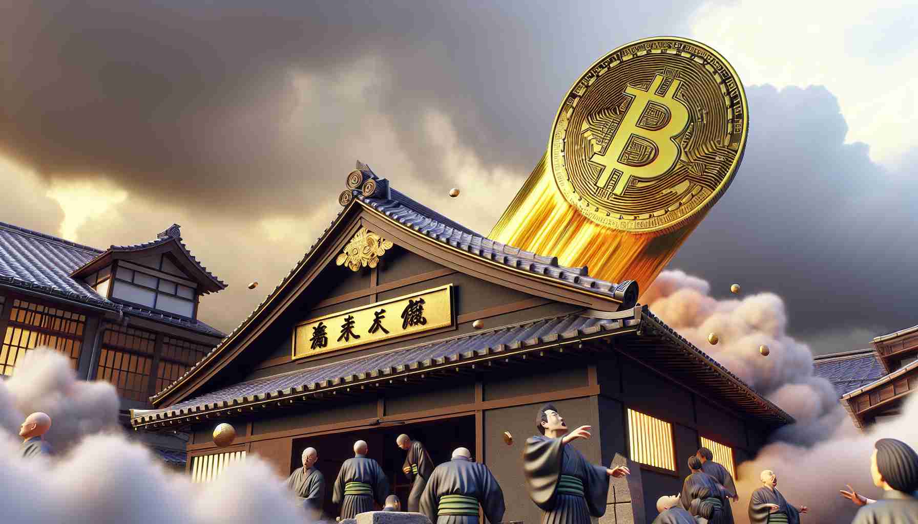 Render a realistic high-definition scene. In the foreground, there's a traditional Japanese bank, reminiscent of the Edo period, facing hardships, symbolized by a fallen sign and disgruntled bankers. In the cloudy sky above, a shiny golden cryptocurrency coin, signifying a bright future, is propelled towards the sky, reaching new heights in a vivid portrayal of the way financial struggles can catalyze technological advances.